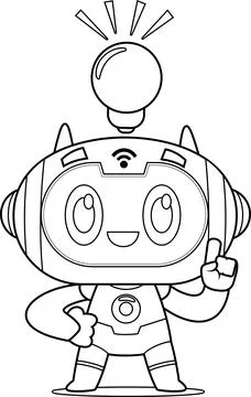 Outlined AI Robot Chat Bot Character Having A Bright Idea With A Light Bulb Illustrazione stock