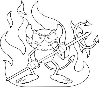 Outlined Angry Little Devil Cartoon Character Holding A Pitchfork Over Flames Stock Illustration