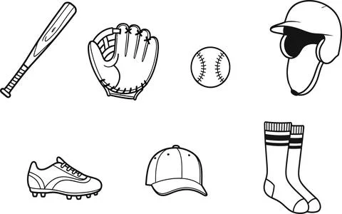 Outlined baseball equipment including a bat, glove, ball, helmet, shoe, cap,  Stock Illustration