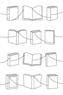 Outlined books in various positions connected by a flowing line. Modern book Stock Illustration