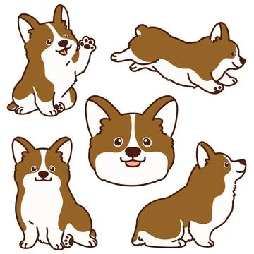Outlined brown Corgi illustrations set Stock Illustration
