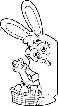 Outlined Bunny Character With Basket Of Easter Eggs Waving From The Corner Stock-Illustration