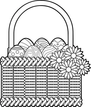 Outlined Cartoon Easter Basket With Colored Eggs And Flowers 스톡 일러스트