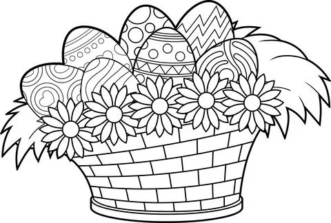 Outlined Cartoon Easter Basket With Colored Eggs And Flowers Stock-Illustration