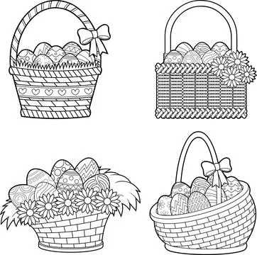 Outlined Cartoon Easter Basket With Eggs. Vector Hand Drawn Collection Set Stock Illustration