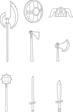 Outlined Cartoon Medieval Weapons. Vector Hand Drawn Collection Set Stock Illustration