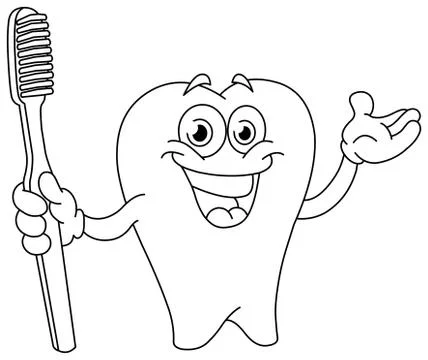Outlined cartoon tooth with toothbrush Stock Illustration