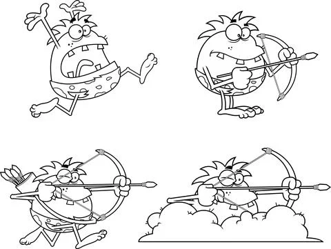 Outlined Caveman Cartoon Characters 스톡 일러스트