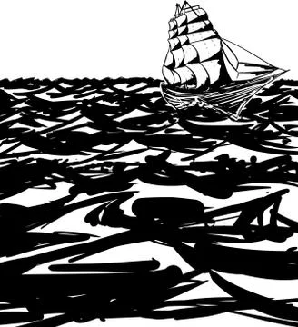 Outlined Clipper Ship On Ocean Stock Illustration