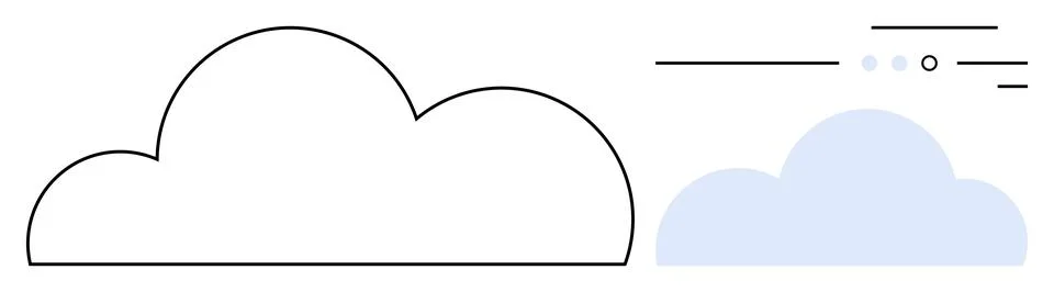 Outlined cloud on left and filled blue cloud with horizontal lines on right.  Stock Illustration