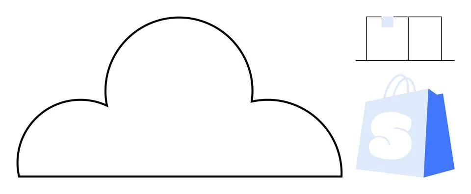 An outlined cloud shape with a shopping bag displaying an S and a package box Stock Illustration