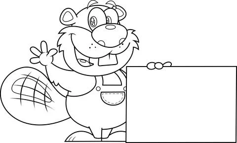 Outlined Cute Beaver Character Holding A Blank Sign And Waving For Greeting Stock-Illustration