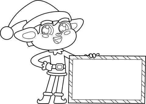 Outlined Cute Christmas Elf Cartoon Character Holding A Blank Sign 스톡 일러스트