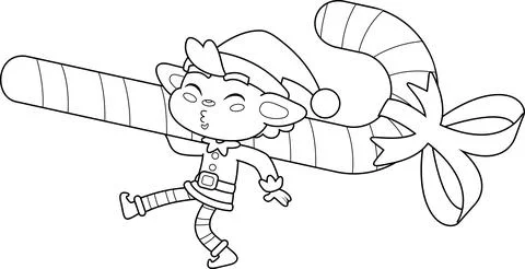 Outlined Cute Christmas Elf Cartoon Character Walking With Big Candy Cane Gift Stock Illustration