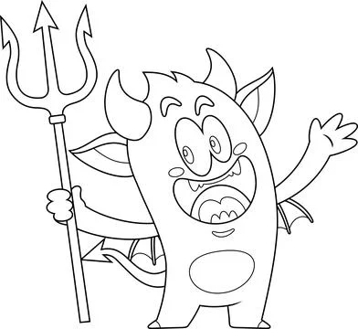 Outlined Cute Halloween Devil Cartoon Character Holding Up A Pitchfork Stock Illustration