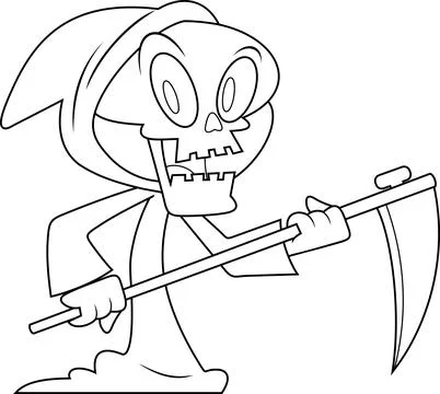 Outlined Cute Halloween Grim Reaper Skeleton Cartoon Character With A Scythe Stock Illustration