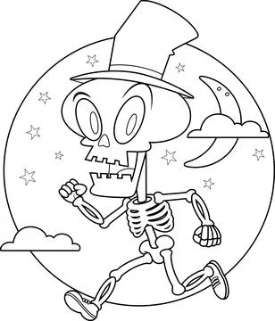 Outlined Cute Halloween Skeleton Ghost Cartoon Character Running In The Night Ilustração Stock