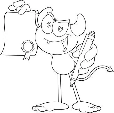 Outlined Cute Little Devil Cartoon Character Holds Up A Contract Stock Illustration