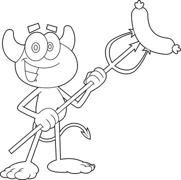 Outlined Cute Little Devil Cartoon Character With Grilled Sausages In Pitchfork Stock Illustration