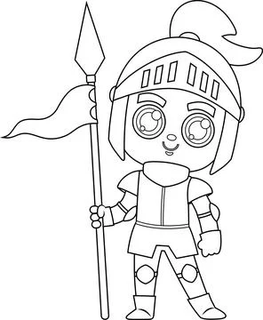 Outlined Cute Magic Prince Knight Boy Cartoon Character In Armor 스톡 일러스트