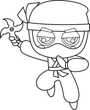 Outlined Cute Ninja Boy Warrior Cartoon Character Jumping With Shuriken Stock Illustration