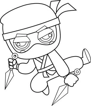 Outlined Cute Ninja Boy Warrior Character Jumping With Two Kunai Throwing Knives Stock Illustration