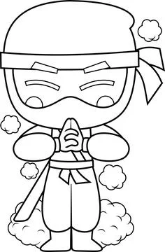Outlined Cute Ninja Boy Warrior Character Uses The Technique Of Emitting Smoke Illustrazione stock