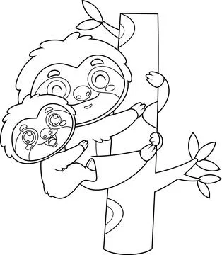 Outlined Cute Sloth Mom And Baby Cartoon Characters Stock Illustration