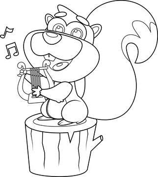 Outlined Cute Squirrel Cartoon Character Sing A Song With Harp Stock Illustration