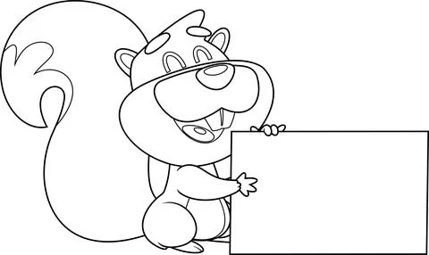 Outlined Cute Squirrel Cartoon Character Holding A Blank Sign Stock Illustration