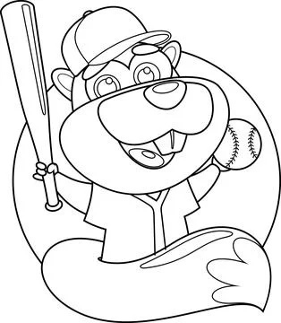 Outlined Cute Squirrel Cartoon Character Swinging A Baseball Bat And Ball Stock Illustration