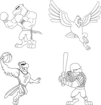 Outlined Eagle Cartoon Characters. Vector Hand Drawn Collection Set Stock Illustration