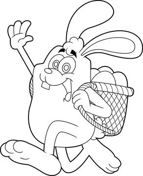 Outlined Easter Bunny Cartoon Character Running With A Basket And Eggs Illustrazione stock