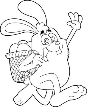 Outlined Easter Bunny Cartoon Character Running With A Basket And Eggs 스톡 일러스트