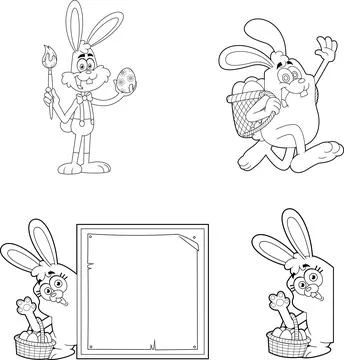 Outlined Easter Rabbit Cartoon Character. Vector Hand Drawn Collection Set Stock Illustration