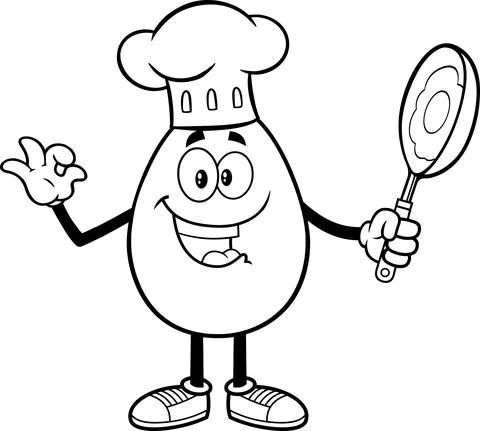 Outlined Egg Chef Cartoon Character Gesturing Ok And Holding A Frying Pan Illustrazione stock