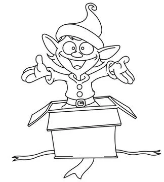 Outlined elf jumps from gift box Illustrazione stock