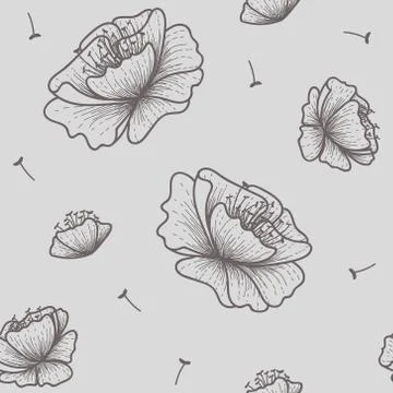 Outlined flowers in gray seamless repeat pattern Stock Illustration