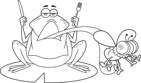 Outlined Frog Cartoon Character On A Leaf Catching Fly Stock Illustration