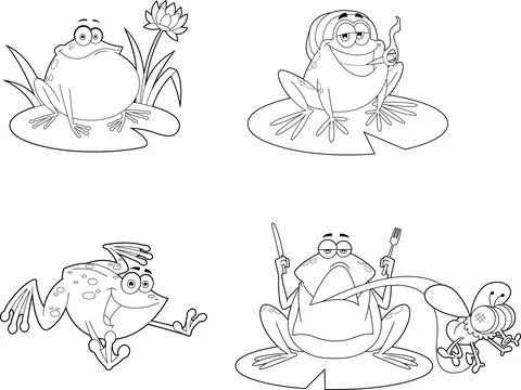 Outlined Frog Cartoon Characters. Vector Hand Drawn Collection Set Stock Illustration