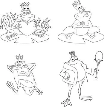 Outlined Frog Cartoon Characters. Vector Hand Drawn Collection Set Stock Illustration