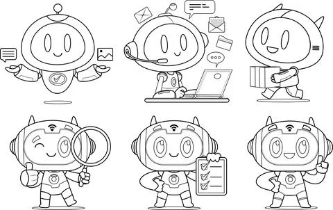 Outlined Funny AI Robot Chat Bot Cartoon Characters. Vector Collection Set Stock Illustration