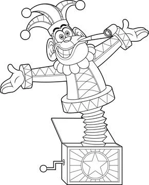 Outlined Funny Jolly Jester Monkey Toy Cartoon Character Exit From Surprise Box Illustrazione stock