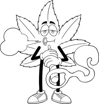 Outlined Funny Marijuana Leaf Cartoon Character Smoking A Big Joint Cigarette Stock Illustration