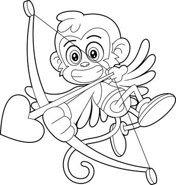 Outlined Funny Monkey Cupid Cartoon Character With Bow And Arrow Flying 스톡 일러스트