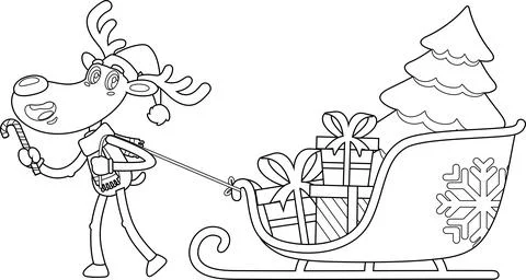 Outlined Funny Reindeer Character Pulls A Sleigh With Gift Boxes 스톡 일러스트