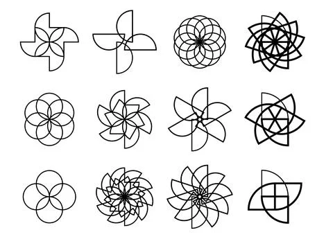 Outlined geometric flower patterns, linear floral icons, abstract line art se Ilustración de archivo