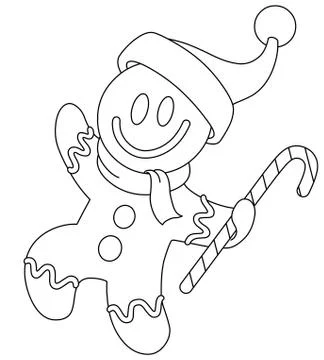Outlined gingerbread man with santa hat Stock Illustration