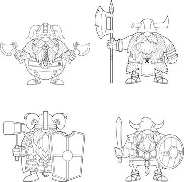 Outlined Gnome Viking Warrior Characters. Vector Hand Drawn Collection Set Stock Illustration