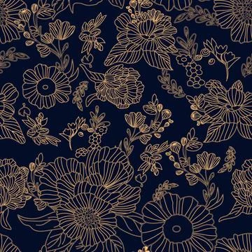 Outlined gold floral repeat pattern blue background Stock Illustration